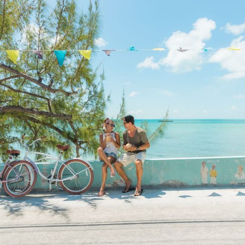 Two people seated by a seaside wall with bicycles nearby, sharing drinks under a tree, on a sunny day with a view of a calm, turquoise ocean.