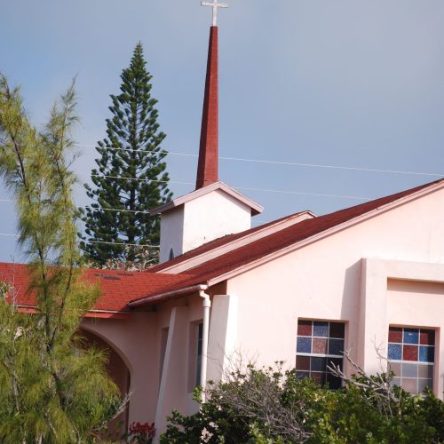 A church building with a red roof and a tall, slim steeple topped with a cross. Stained glass windows are visible, and a large pine tree stands behind the church. Bushes and trees surround the structure.