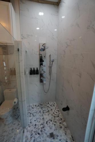 Marble-tiled shower with a rainfall showerhead and handheld spray. Pebble-stone floor, glass door, and soap dispensers on the wall. Adjacent to the toilet.