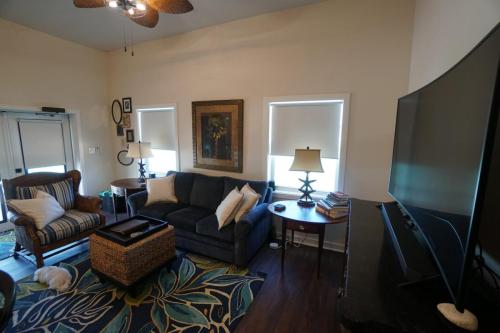 A cozy living room with a couch, armchair, and coffee table on a patterned rug. A large TV is on a stand beside two windows with blinds. Art and lamps decorate the space.