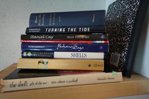 Stack of books on a wooden shelf, including Turning the Tide, Bahamas Saga, Shells, Sea Glass, and a black and white notebook.