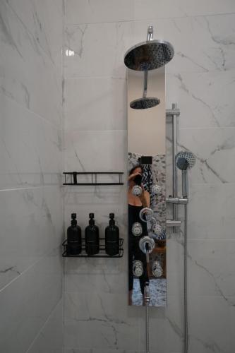 Vacation Rentals On Staniel Cay, Bahamas Modern shower with a large overhead showerhead, a handheld nozzle, and three black soap dispensers mounted on a marble-tiled wall.