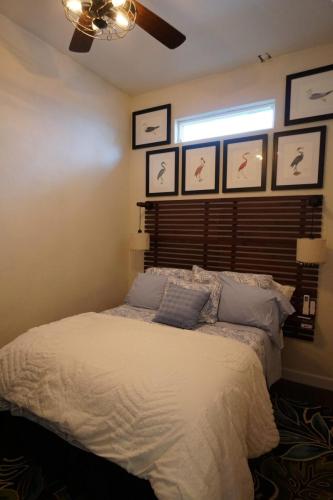 Small bedroom with a bed, blue pillows, a wooden headboard, bird-themed artwork on the walls, and a ceiling fan. Natural light comes through a window above the bed.