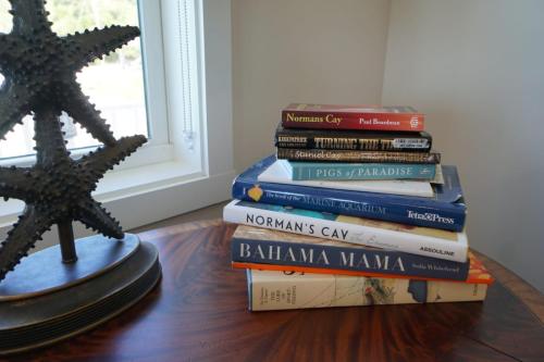 Staniel Cay Vacation Rentals, One bedroom on the water with view of the Staniel Cay Yacht Club. A stack of books on a wooden table next to a window, with a decorative starfish sculpture on the left.